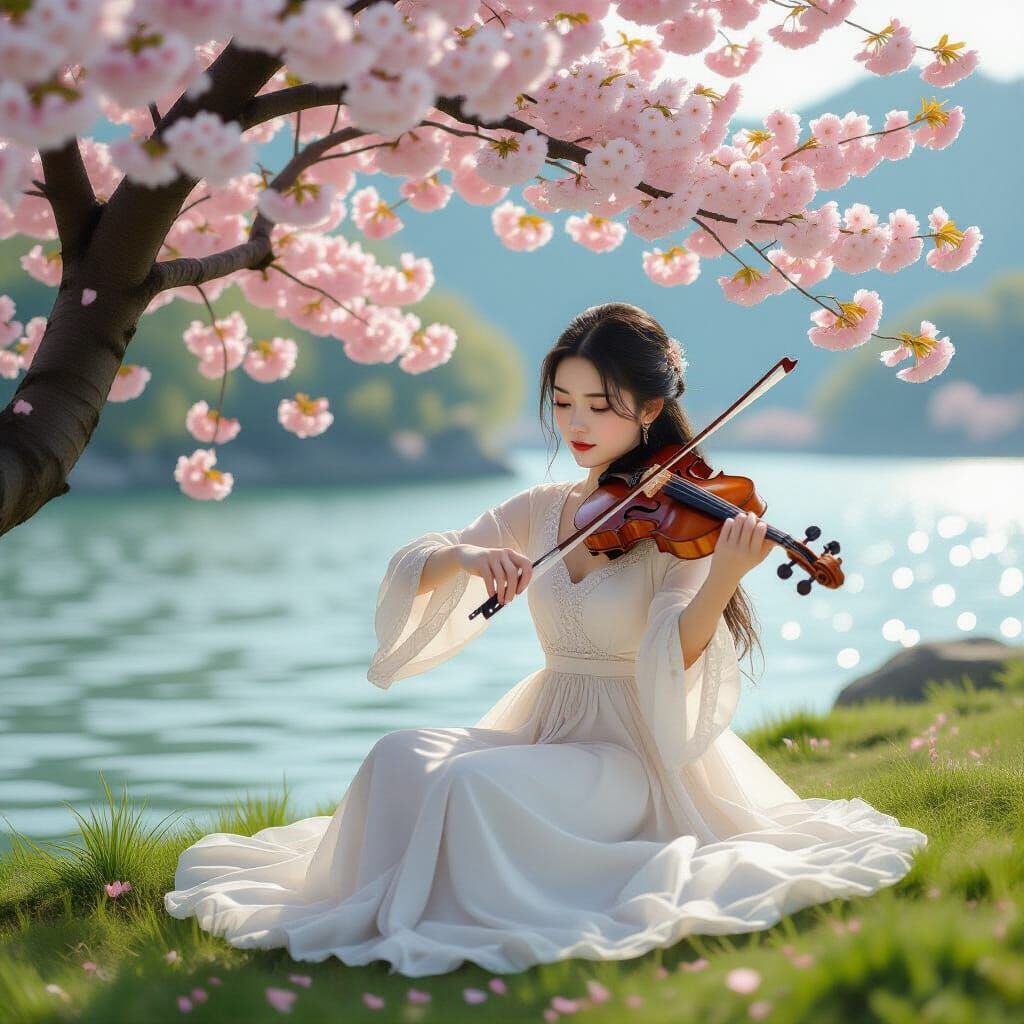 Chinese Girl Plays Violin Under Cherry Blossoms