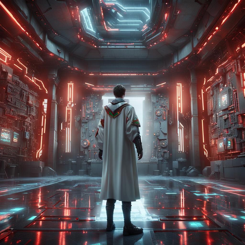 Teenage Mage in Cyberpunk World with Glowing Robes