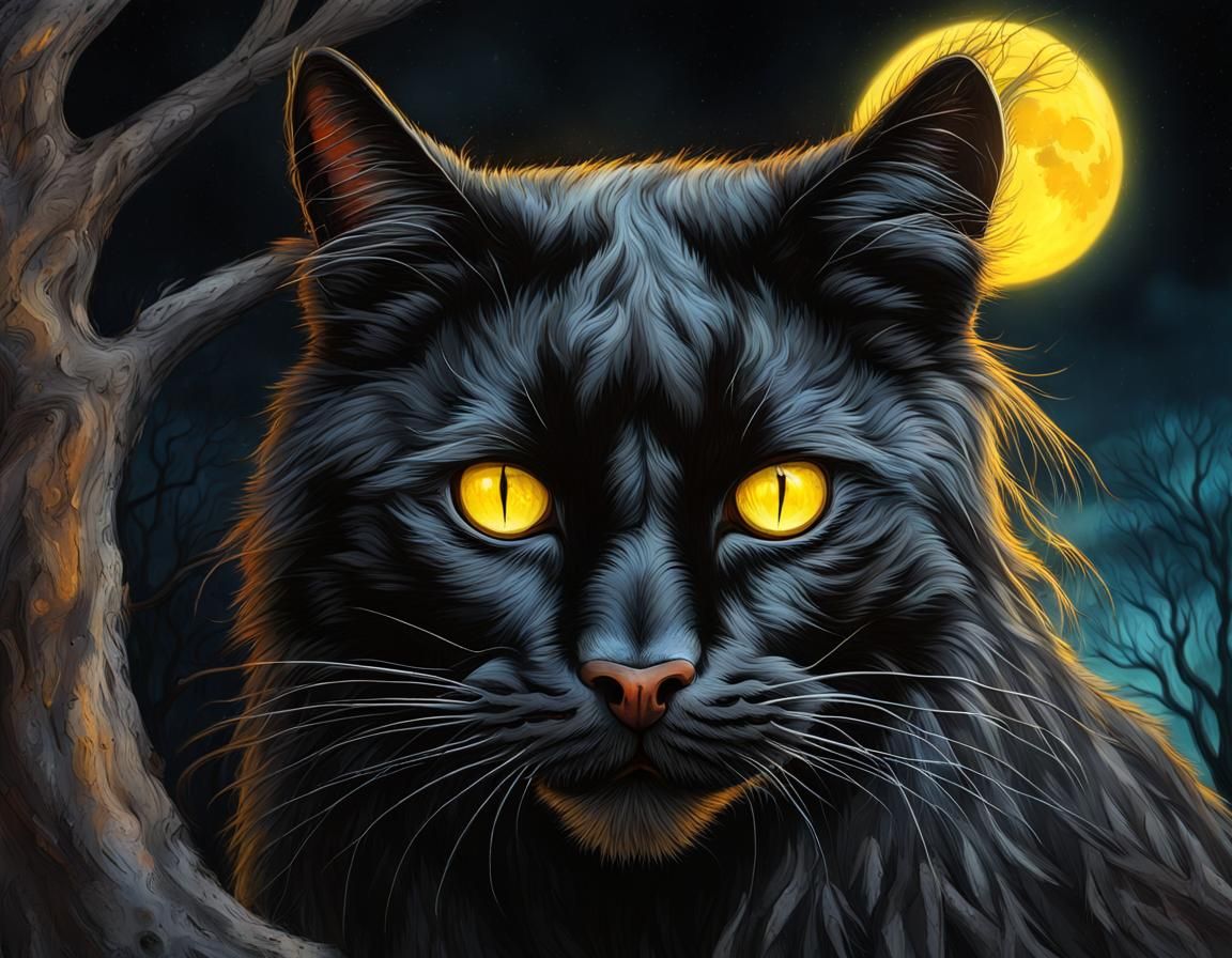 Scary Black Cat Under Full Moon, Hyperrealistic Art