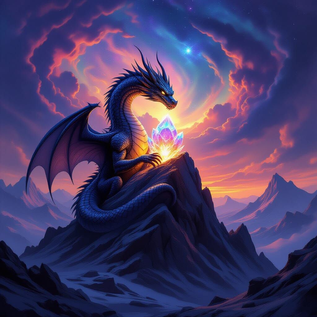 Ancient Obsidian Dragon Guards Ethereal Crystal on Mountain ...