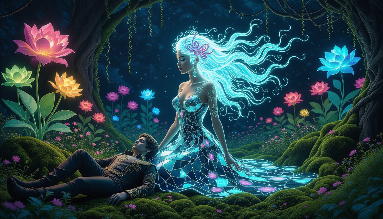 Bioluminescent Garden with Mirror Roots and Mythical Creatur...