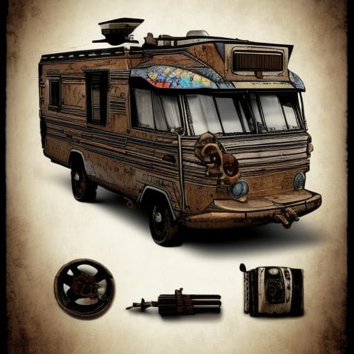 Steampunk Zombie Apocalypse RV in Watercolor Vector Art