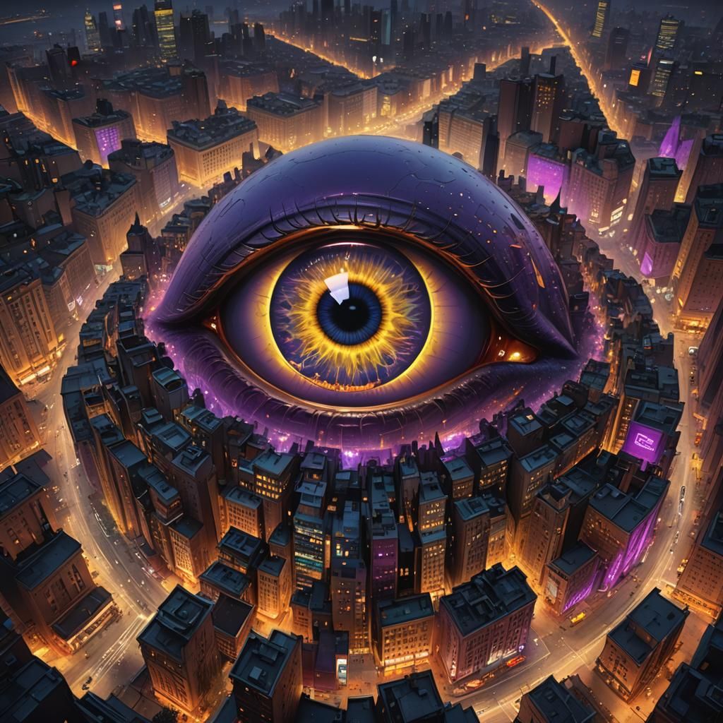 Eye Reflecting Bustling City at Night