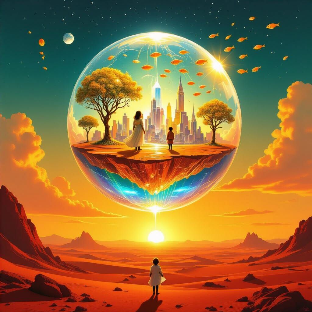 Upside Down Crystal City on Mars With Liquid Light Rivers