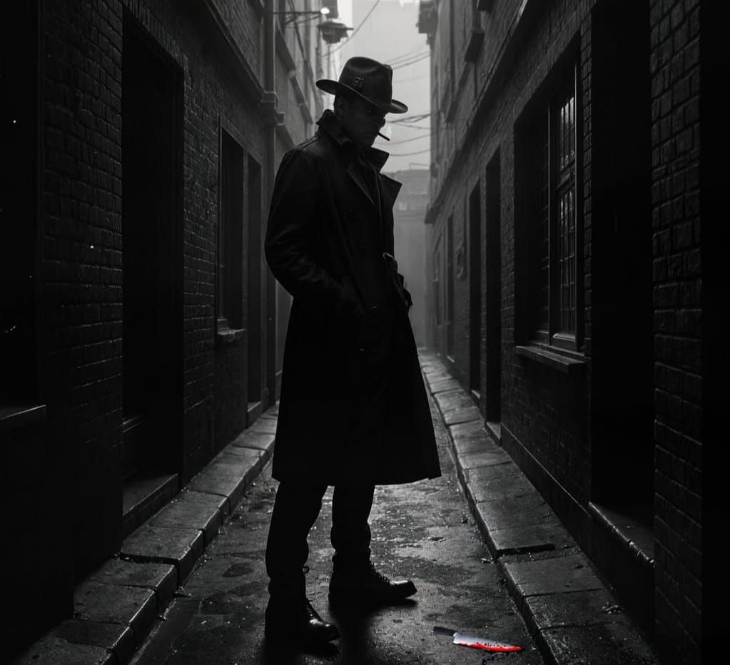 Noir Detective in Rainy Alleyway Scene