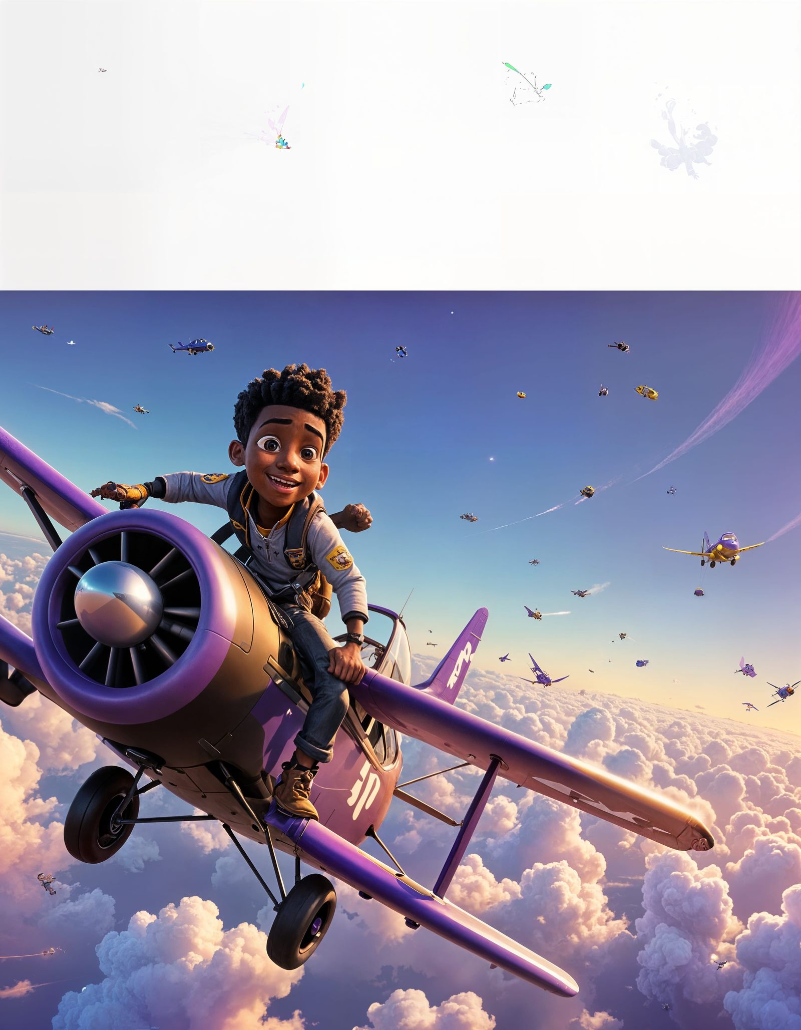 Boy Flies Violet Plane in Pixar 3D Style