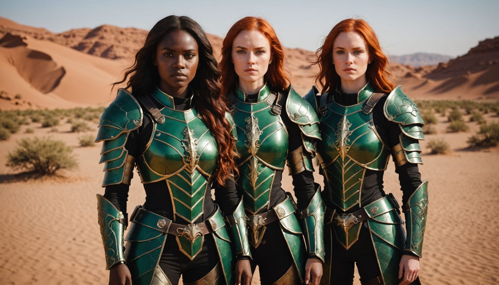 Three Dark Skinned Warriors in Desert Armor with Dragon Cres...