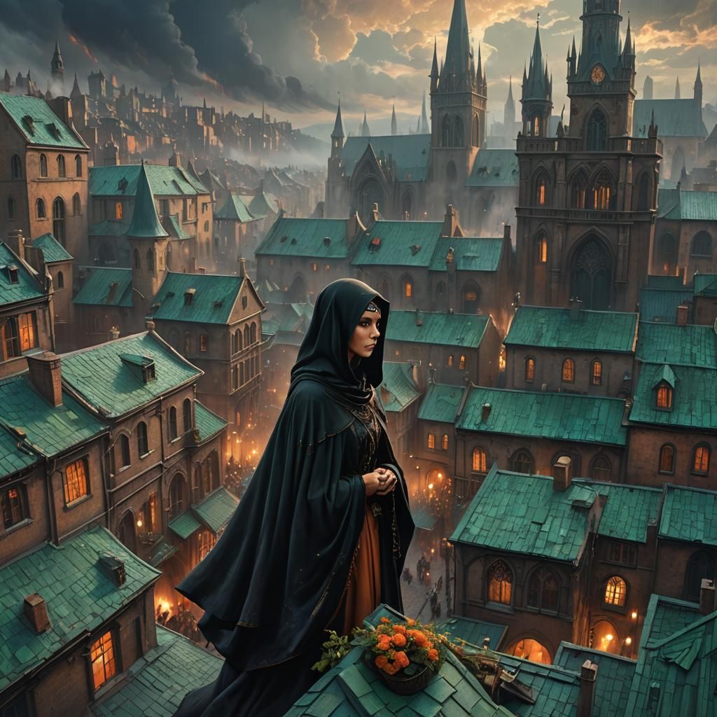 Girl in Black Veil Amidst Crowded Street