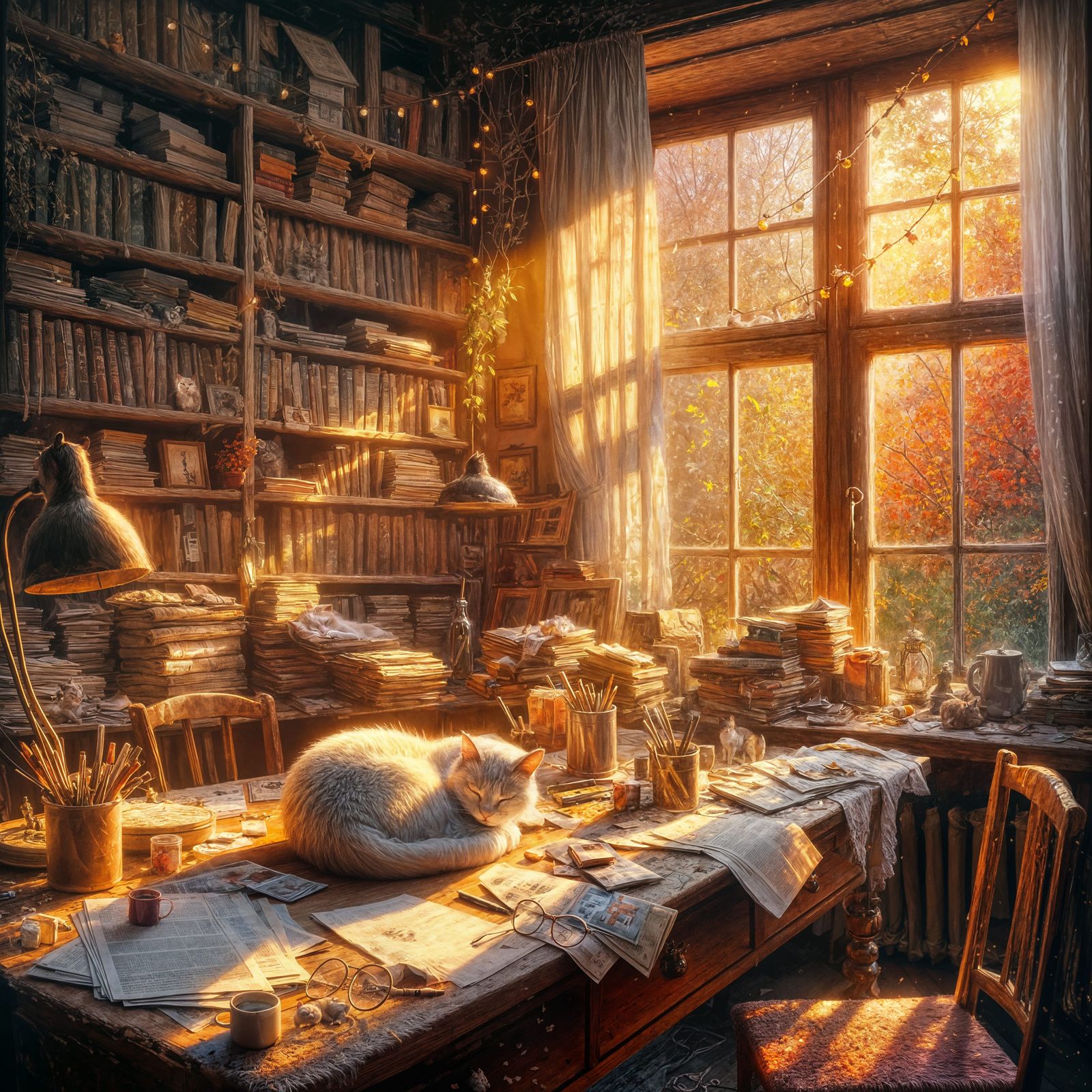 Impressionist Cat Nap in Autumn Sunlight