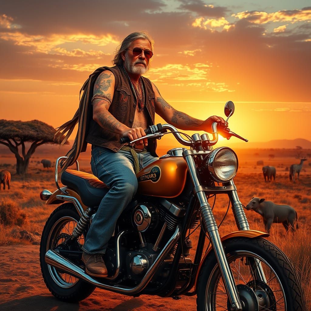 Vietnam Veteran Hippie on Chrome Chopper, Digital Matte Pain...