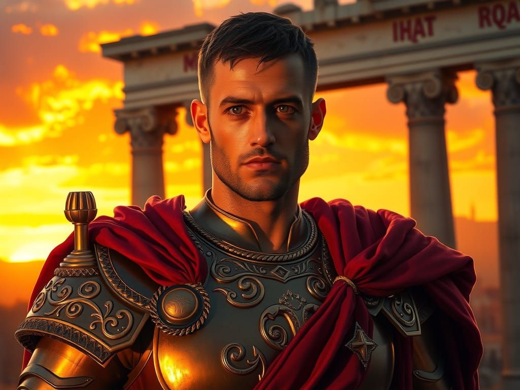 Roman General in Golden Armor Stands Resolute Against Sunset