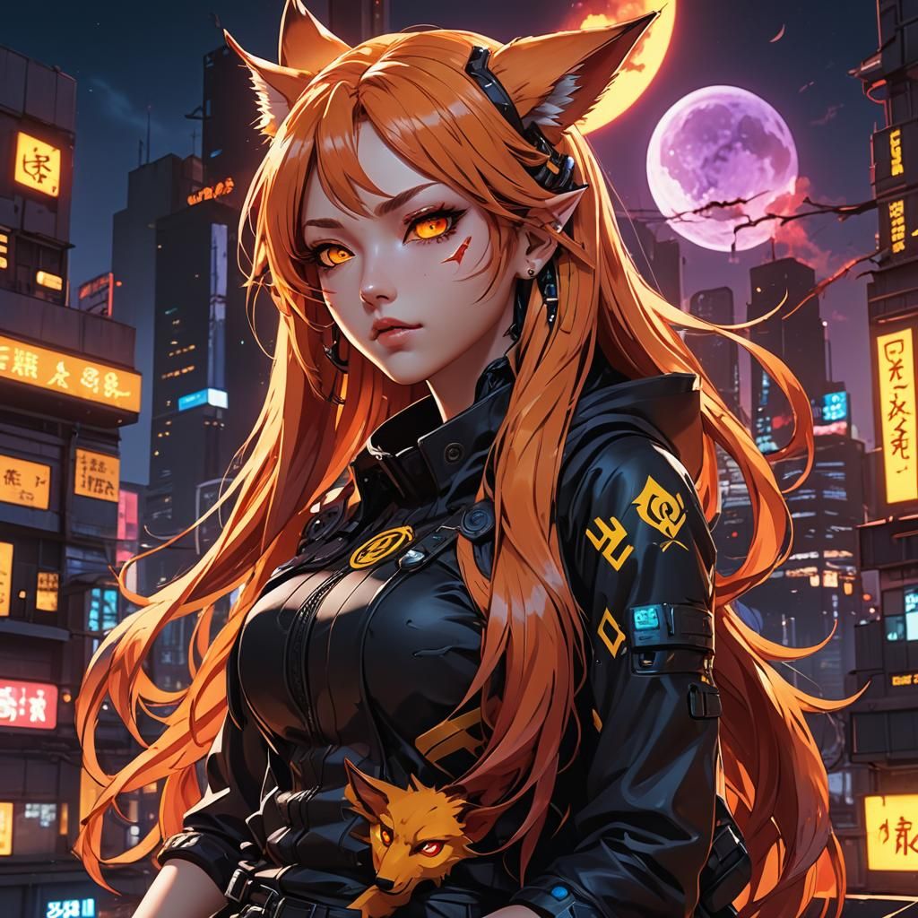 Cyberpunk Fox Girl Under Neon Moon