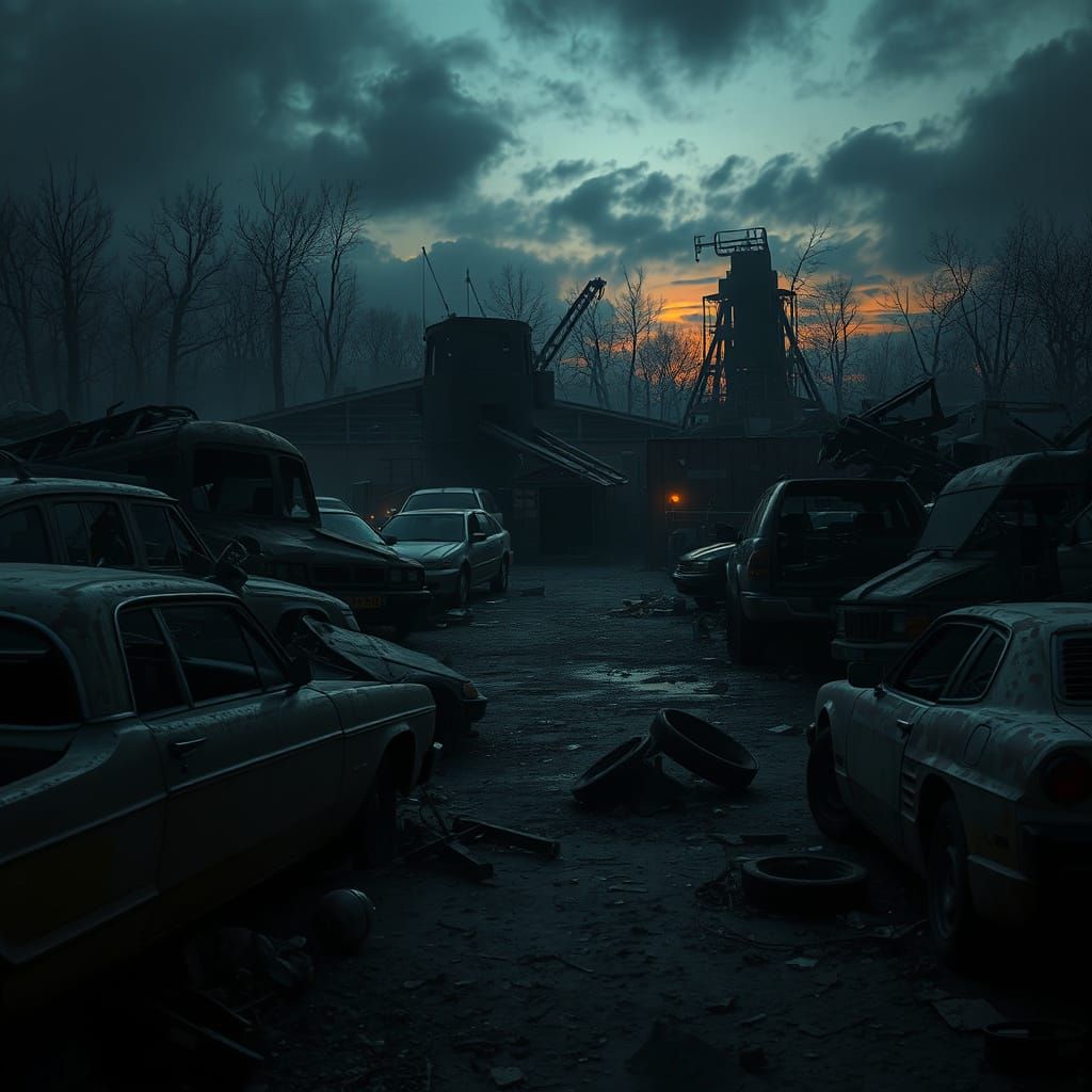 Rusty Dystopian Scrapyard in an Ominous Twilight Haze