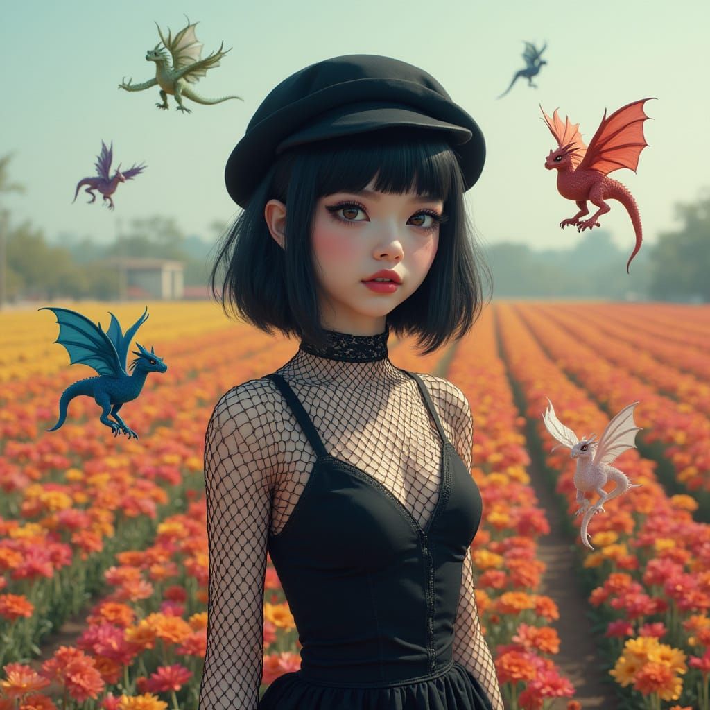 Goth Teenager in Flower Field with Dragons, Hyperrealistic S...