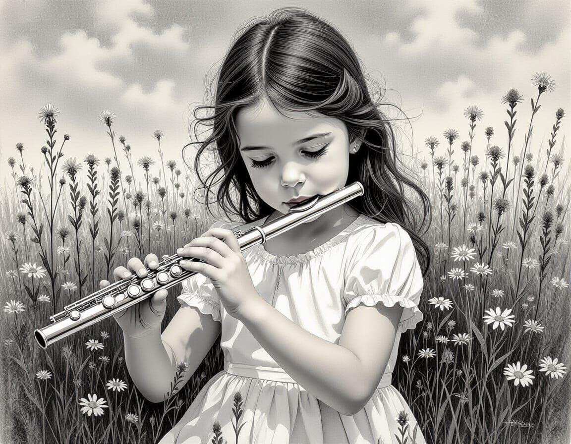 Girl Playing Flute in Field: Textured Pencil Sketch