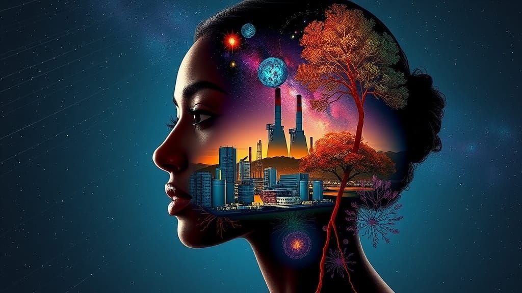 Surreal Double Exposure: Woman, City, and Cosmic Dreamscape