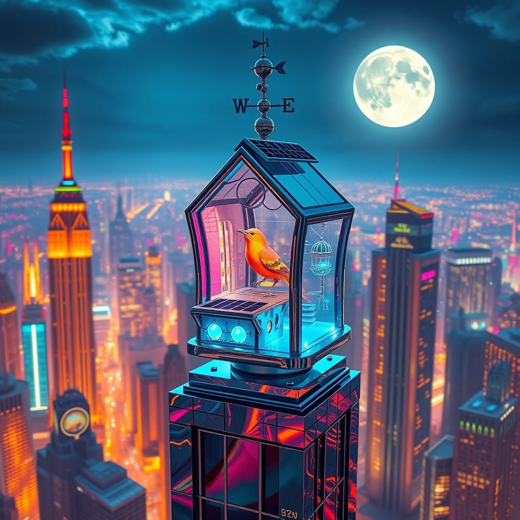 Futuristic Birdhouse on Skyscraper in Cosmic Style
