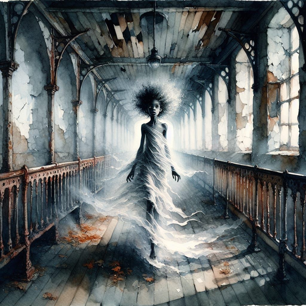 Ghostly Girl in Lighthouse: Watercolor Fantasy Art