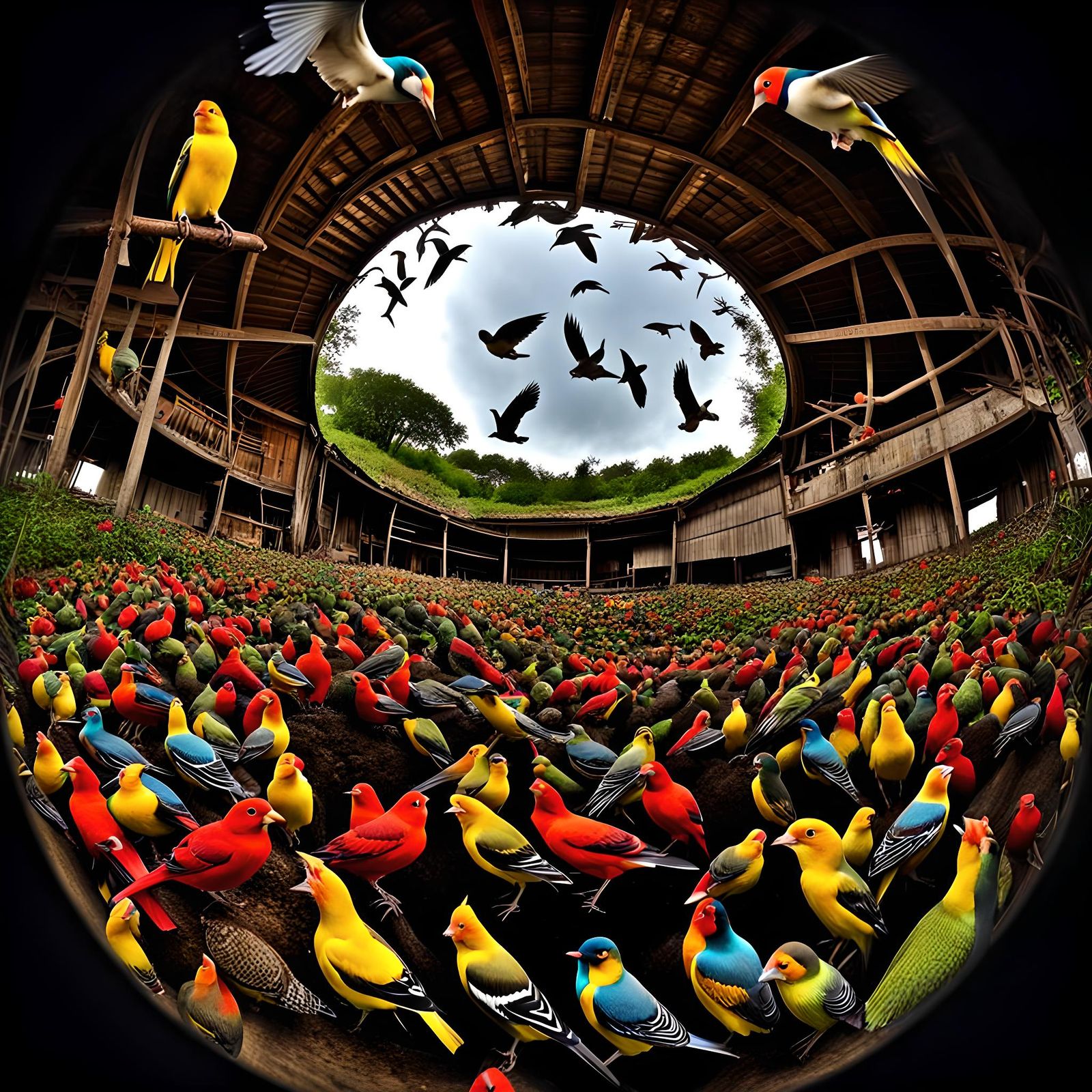 Colorful Birds in Flight Dark Ambient Fisheye Lens