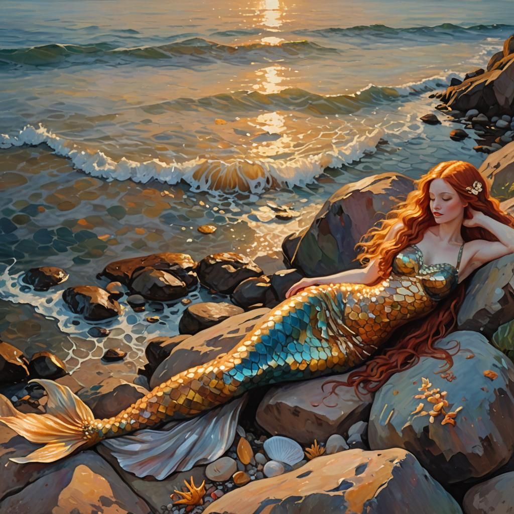 Vibrant Mermaid Portrait in Golden Hour, Impressionist Style