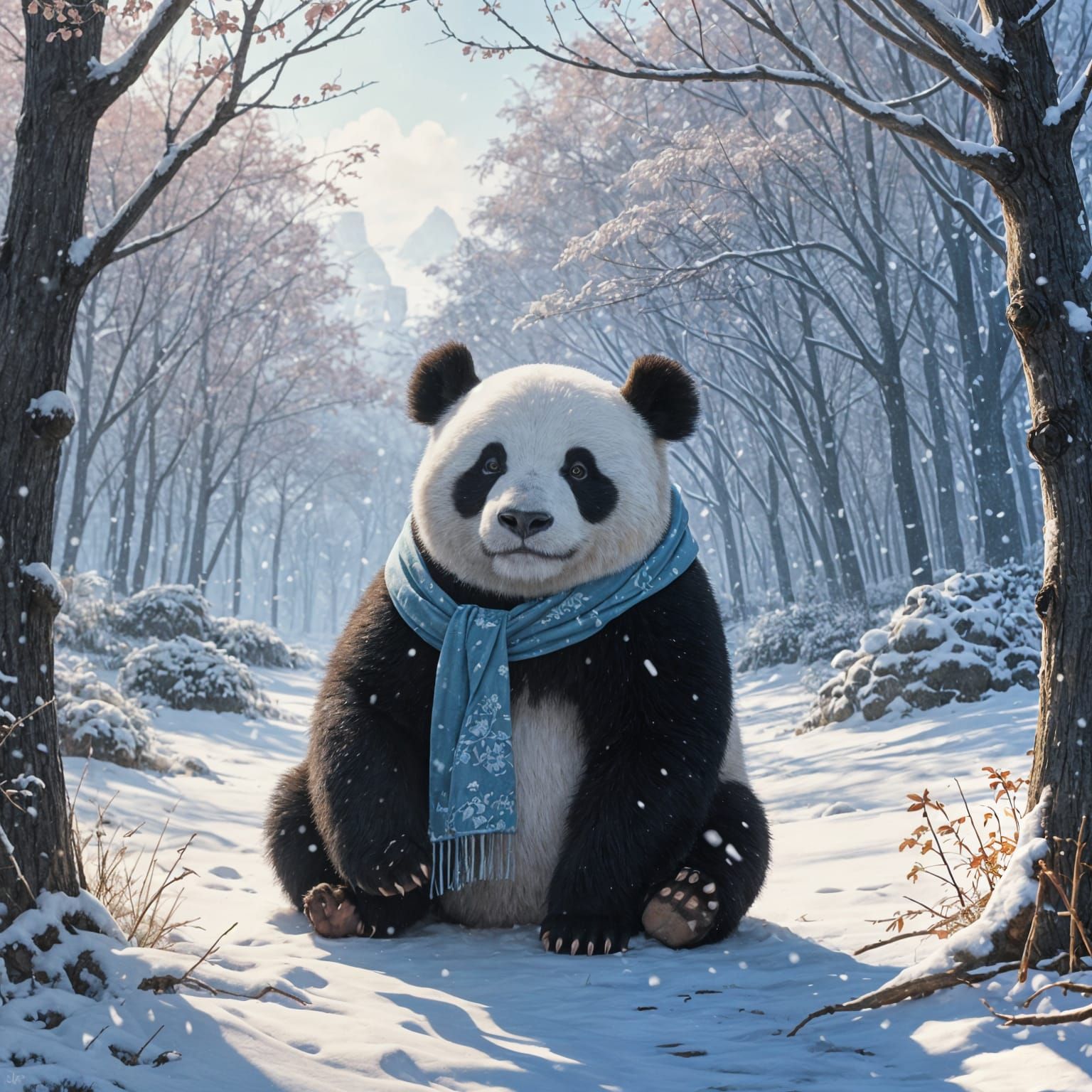 Serenely Smiling Fu Bao Giant Panda in Winter Wonderland