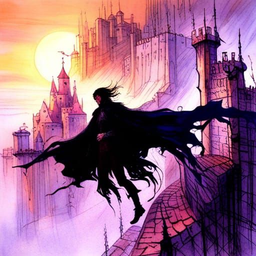 Fantasy Figure Flying Over Castle Wall