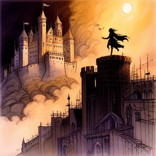 Fantasy Figure Soars Over Castle Wall