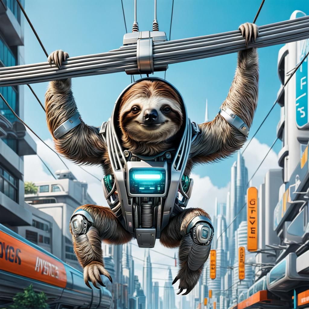 Futuristic Cyberpunk Sloth Hanging in City