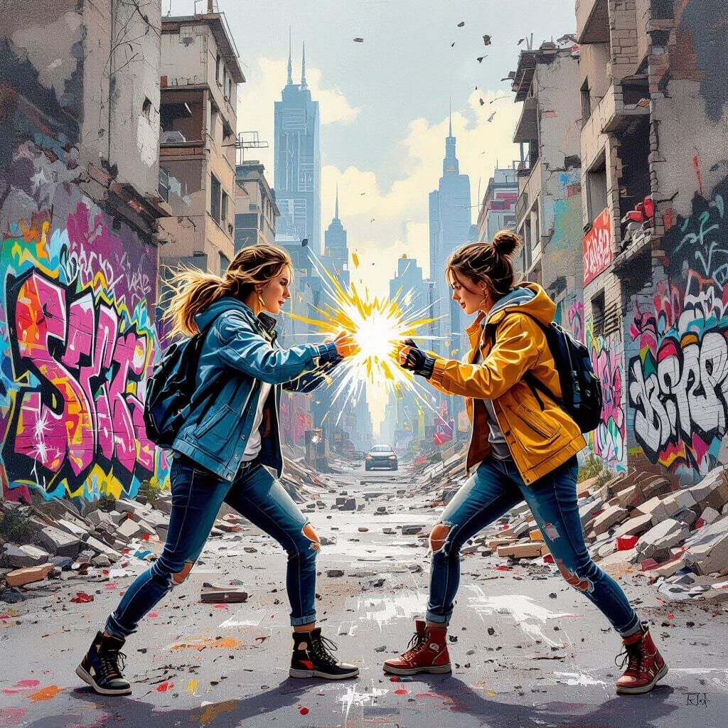 Urban Warriors Clash in Graffiti Street Art Style