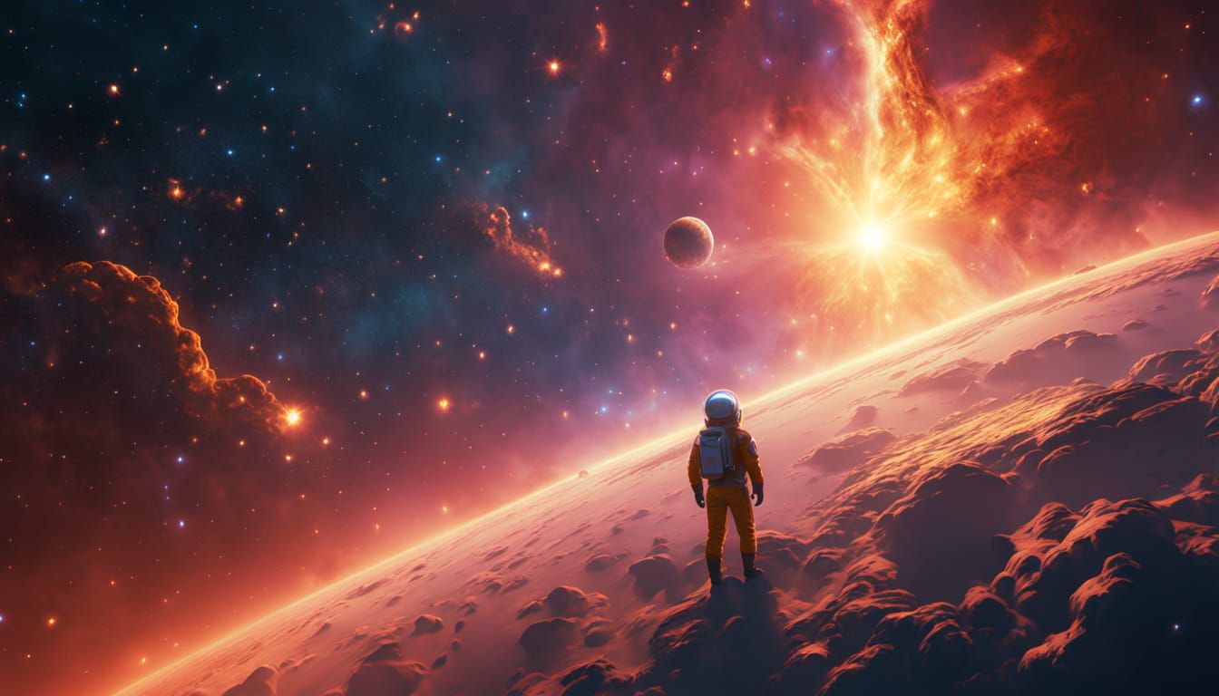 Epic Science Fiction Spacesuit in a Glowing Nebula