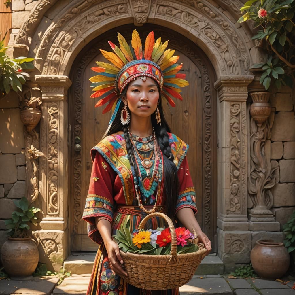 Vibrant Woman with Basket in Folk Art Style