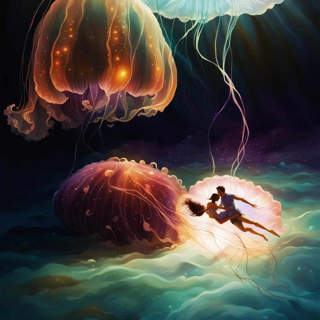 Underwater Fantasy Romance with Glowing Jellyfish