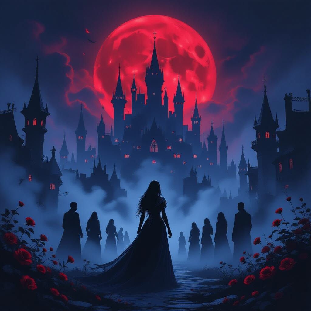 Gothic City Under Blood Moon With Ethereal Lady