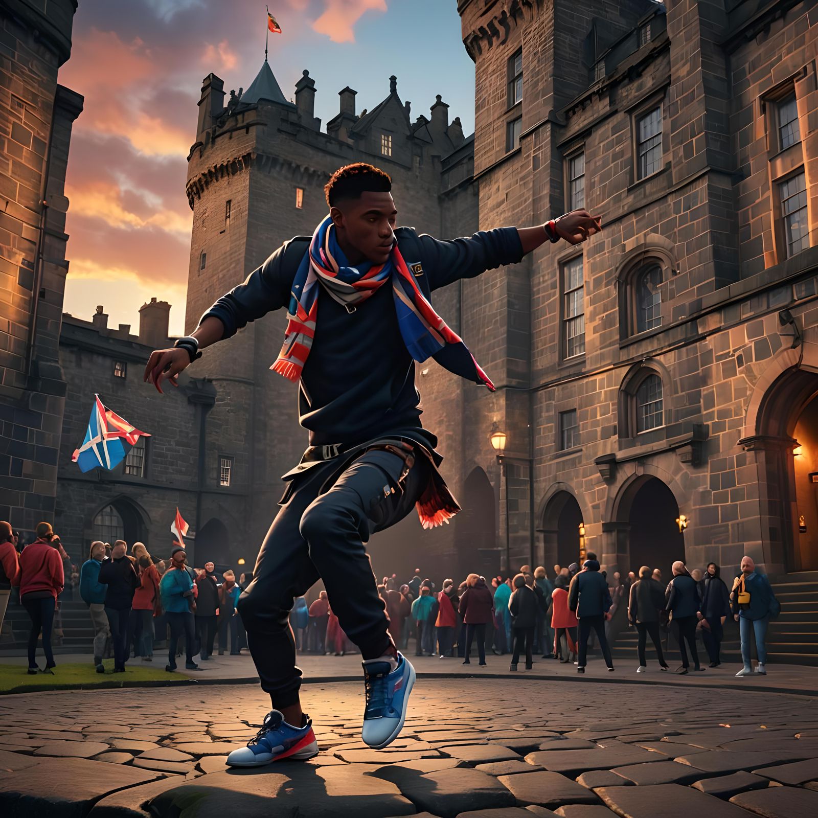 Black Man Breakdancing at Edinburgh Castle: 3D Render