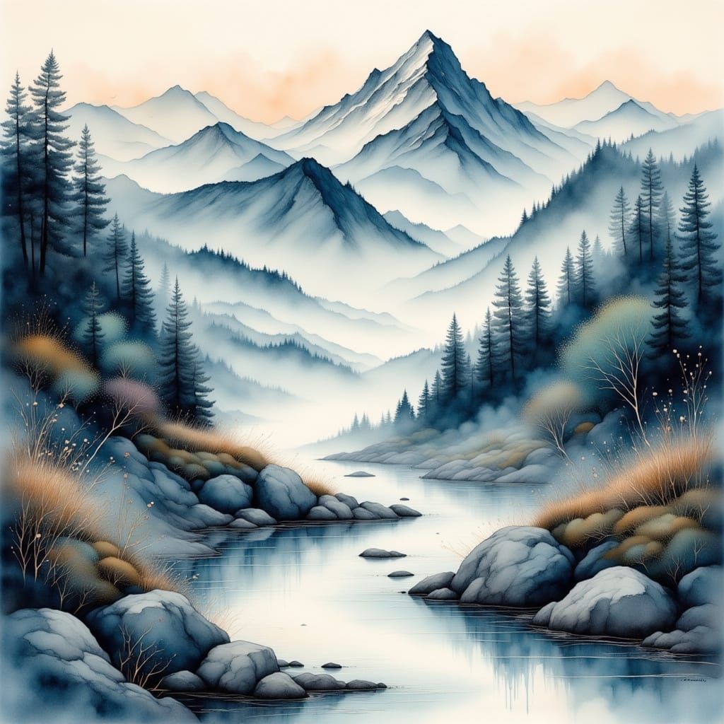 Serene Mountain River Landscape in Hokusai Oil Style