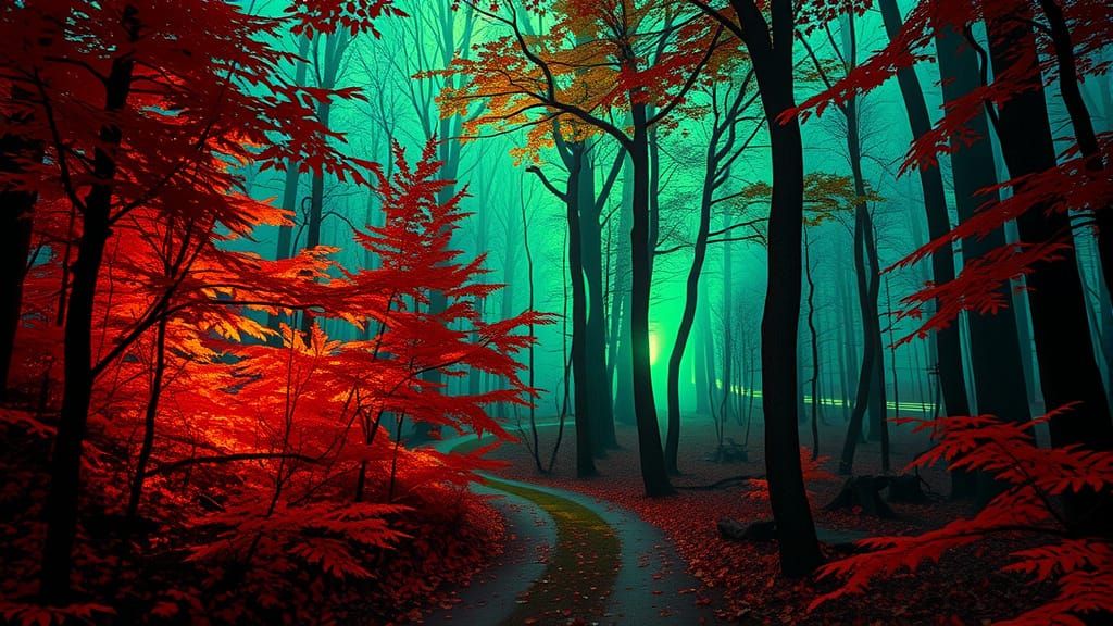 Neon Forest Path in Cyberpunk Aesthetic