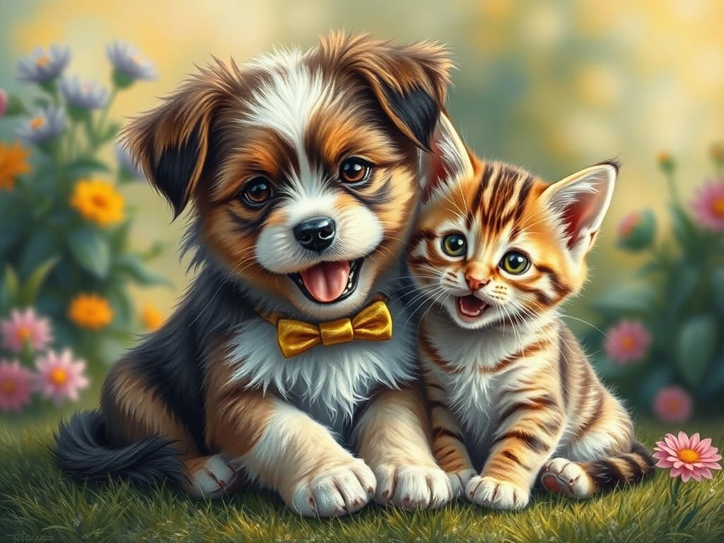 Puppy and Kitten Together in Hyperrealistic Mixed Media
