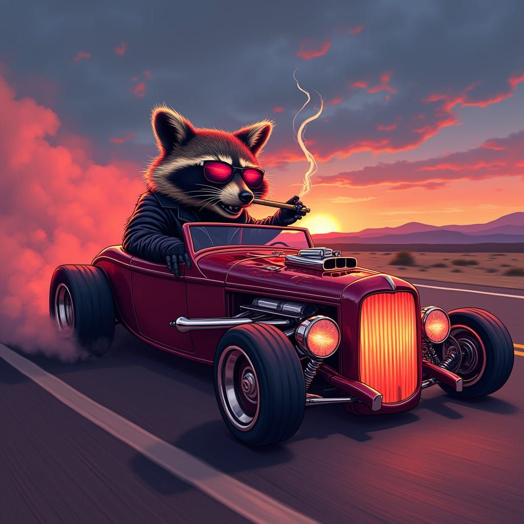 Raccoon Hot Rod Rebel in Neon Dreamscape