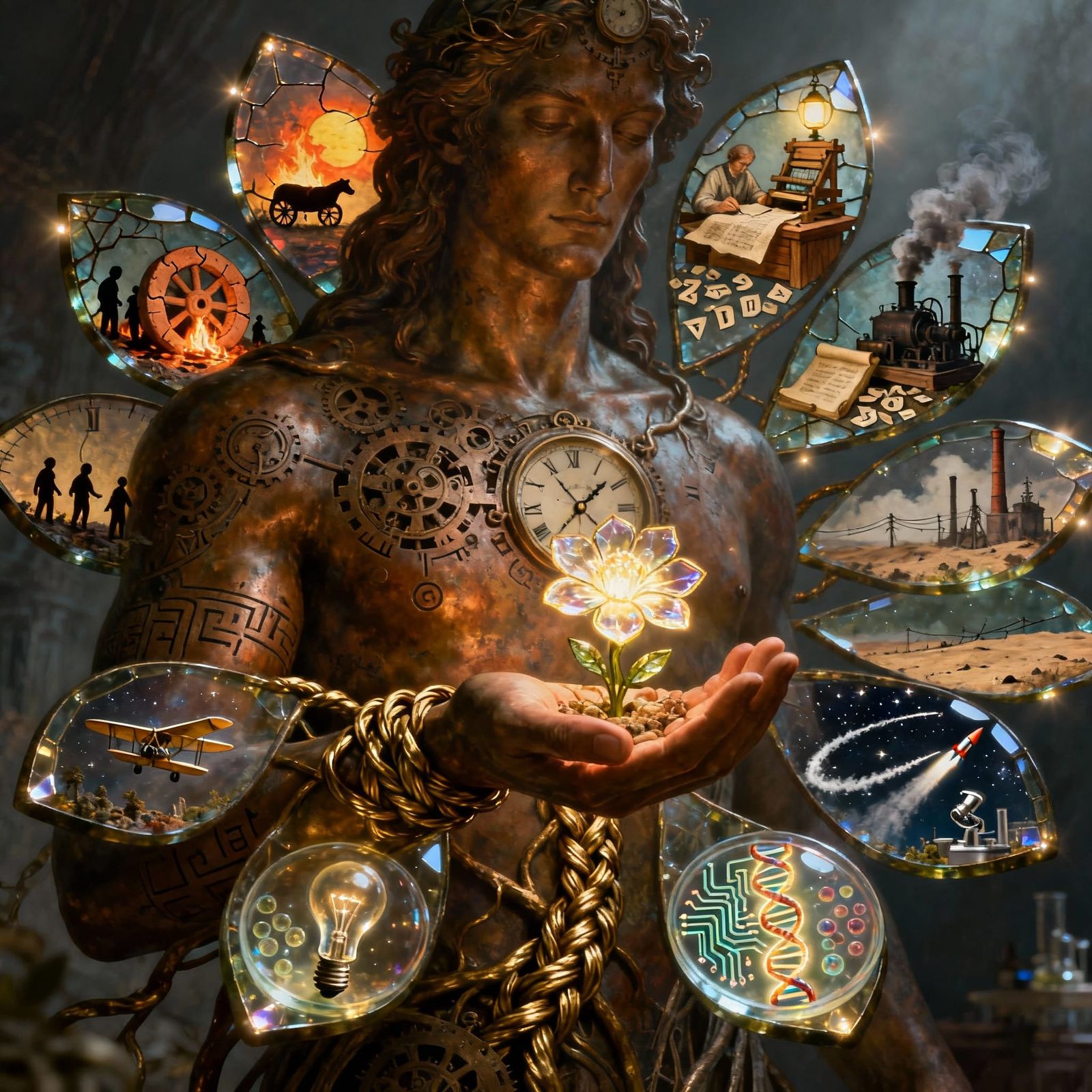 Androgynous God of Time Holds Luminous Flower of Milestones