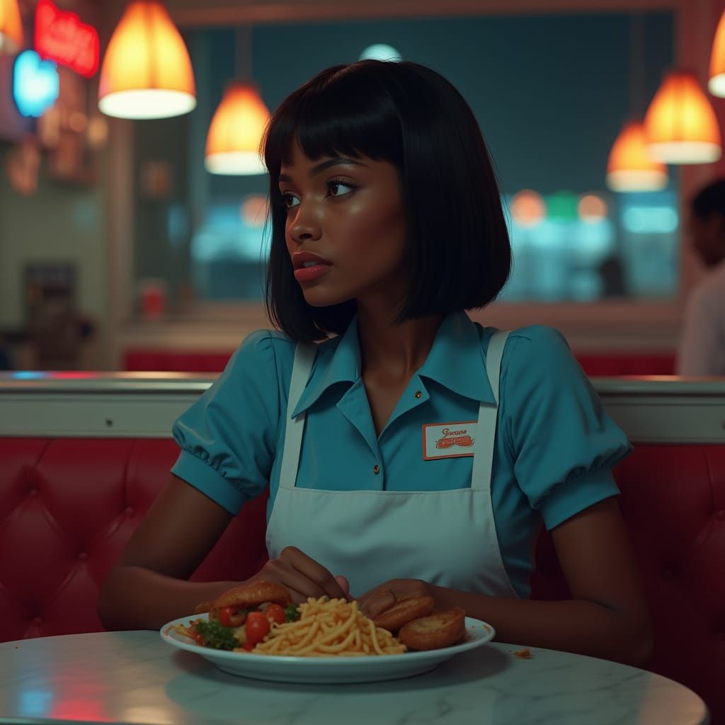 Midnight Diner: A Hyperrealistic Portrait of a Young Woman