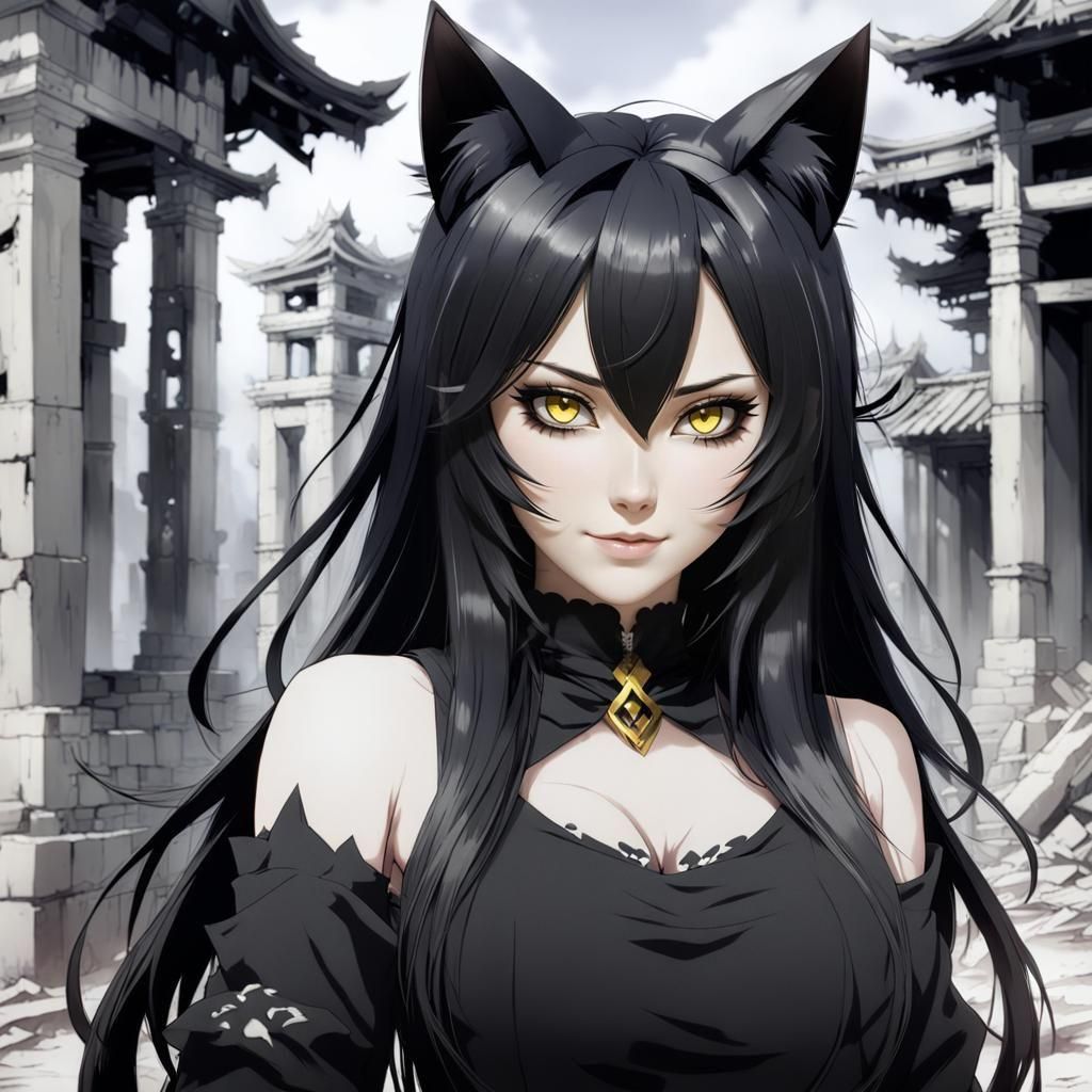 Anime Portrait of Cat-Eared Woman in Ruins