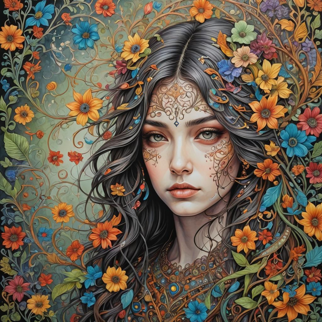 Detailed Floral Oil Painting with Ink Drawings