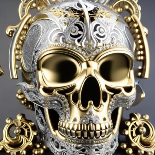 Steampunk Cyberpunk Skull Statue with Gold Accents