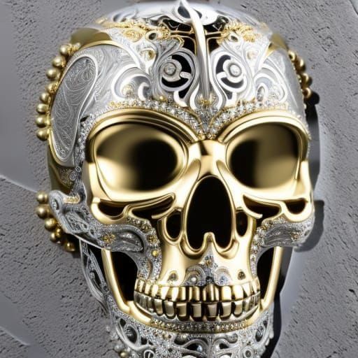 Ornamental Marble Filigree Skull Statue in Cyberpunk Style