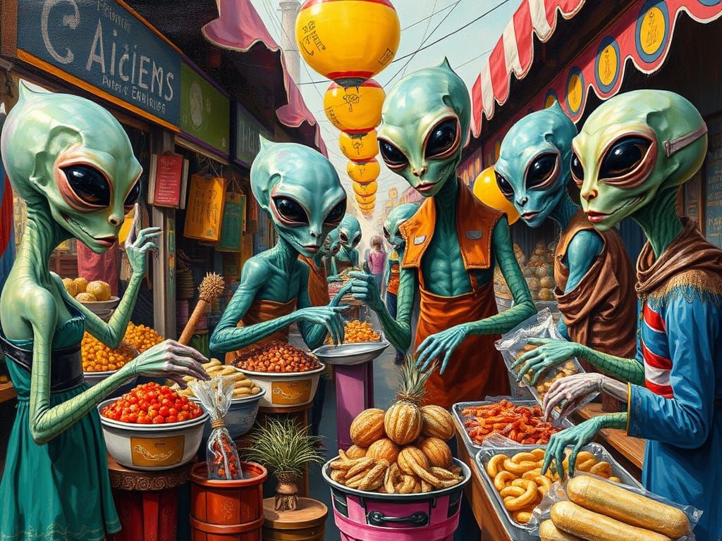Alien Market with Caricature Food, Oil Painting Style