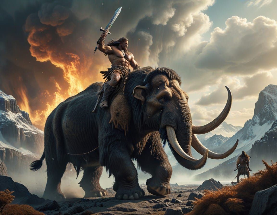 Conan the Barbarian Rides a Majestic Woolly Mammoth in a Dra...