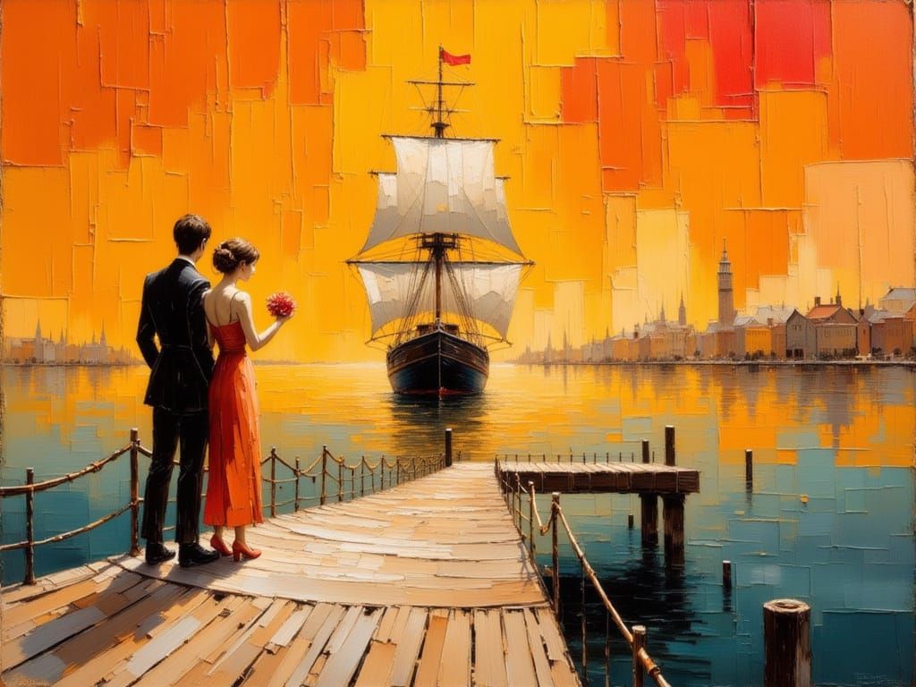 Couple on Pier with Ship in Orange Sky, Hyperrealistic Impas...