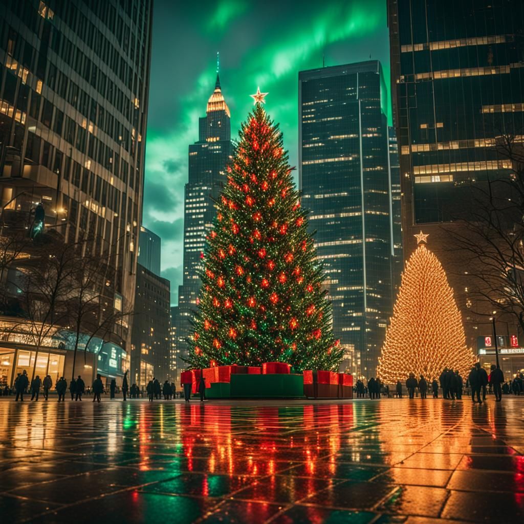 Moody Christmas Tree Illuminates City Square in a Cinematic....