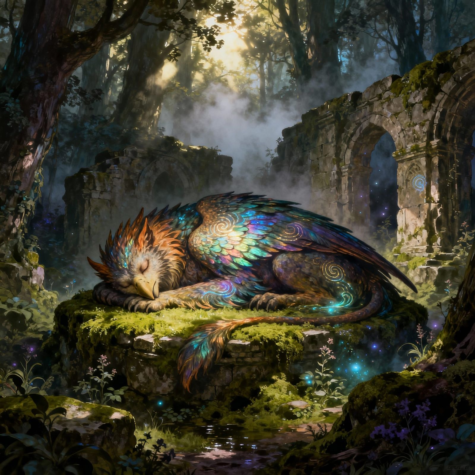 Majestic Griffin Sleeps on Ancient Ruins in Enchanted Forest