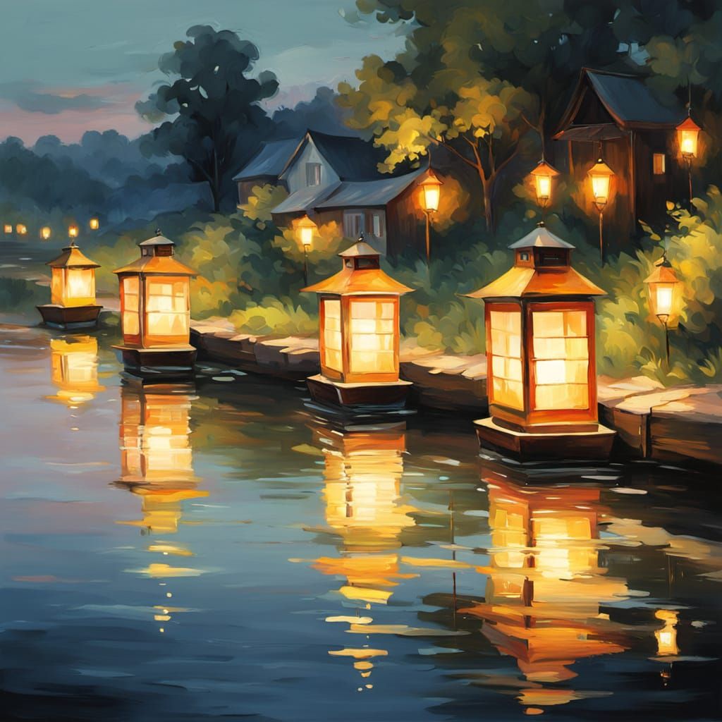 Impressionist Lanterns Reflect on River at Night